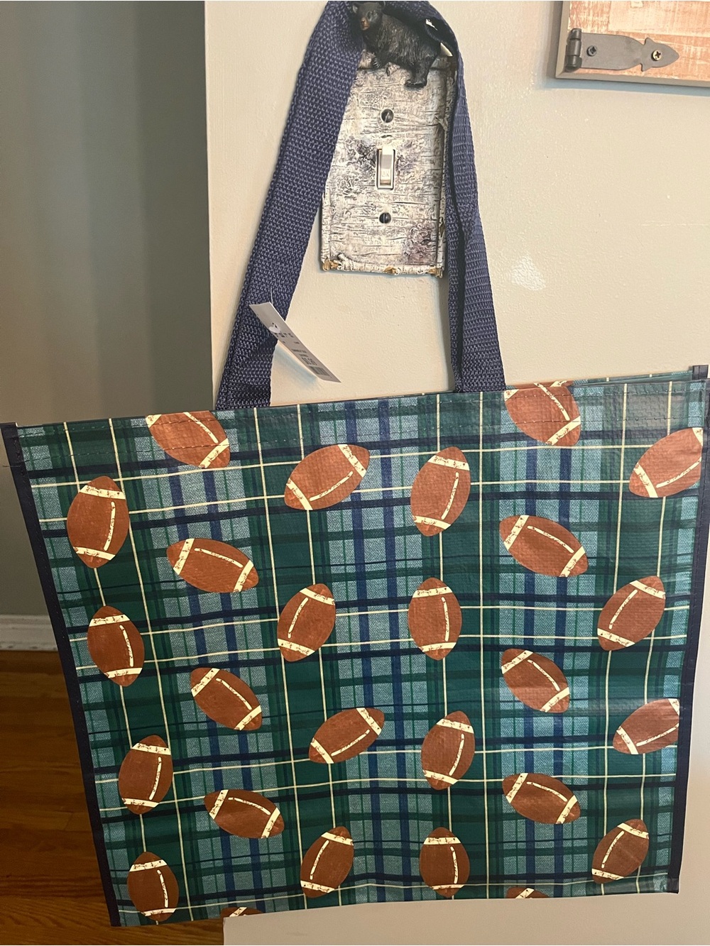 NWT Reusable Shopping Bag with Football Plaid print
